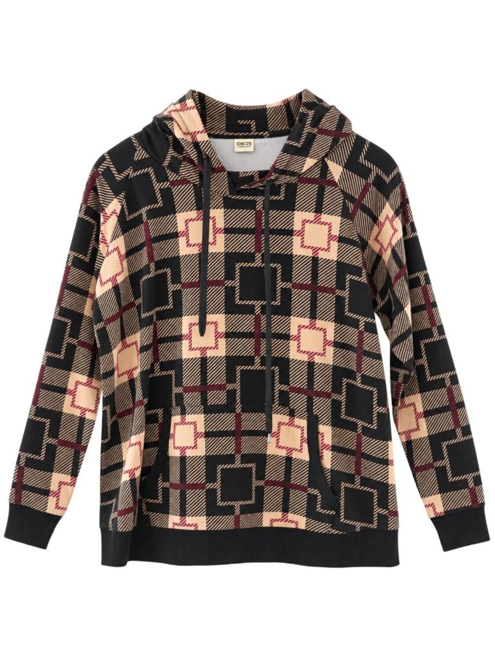 Lildy Womens Super Soft Hoodie Geometric Pattern Black & Beige Size L/XL